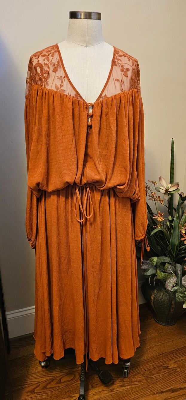 New Free People Clementine Maxi Dress XS/S Brown/Rust Long Sleeve Lace Chiffon